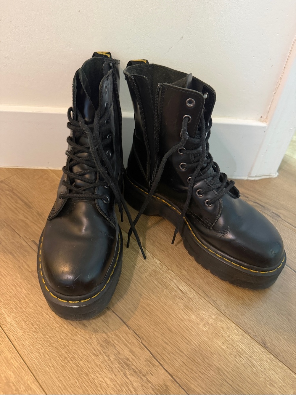 Dr. Martens Black Leather Platform Lace-Up Boots with Yellow Stitch